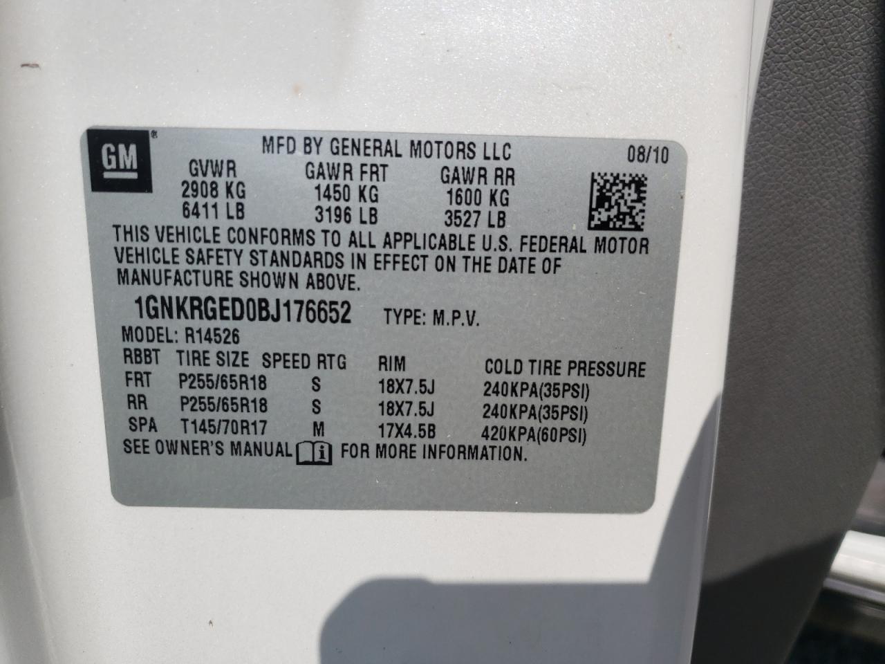 Photo 10 from auction – 2011 CHEVROLET TRAVERSE L with VIN 1GNKRGED0BJ176652