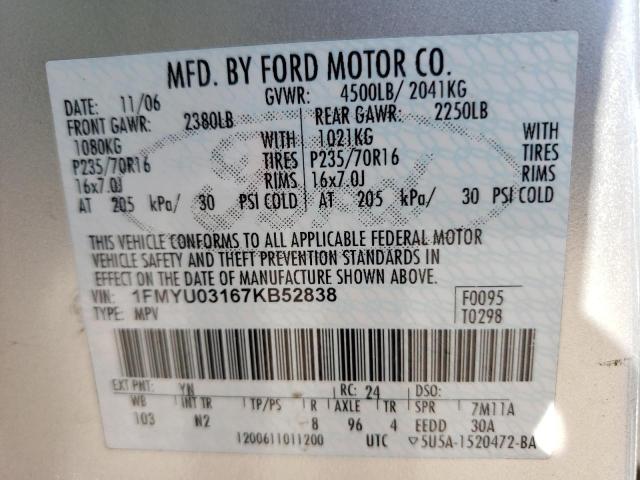 Photo 10 from auction – 2007 FORD ESCAPE XLT with VIN 1FMYU03167KB52838