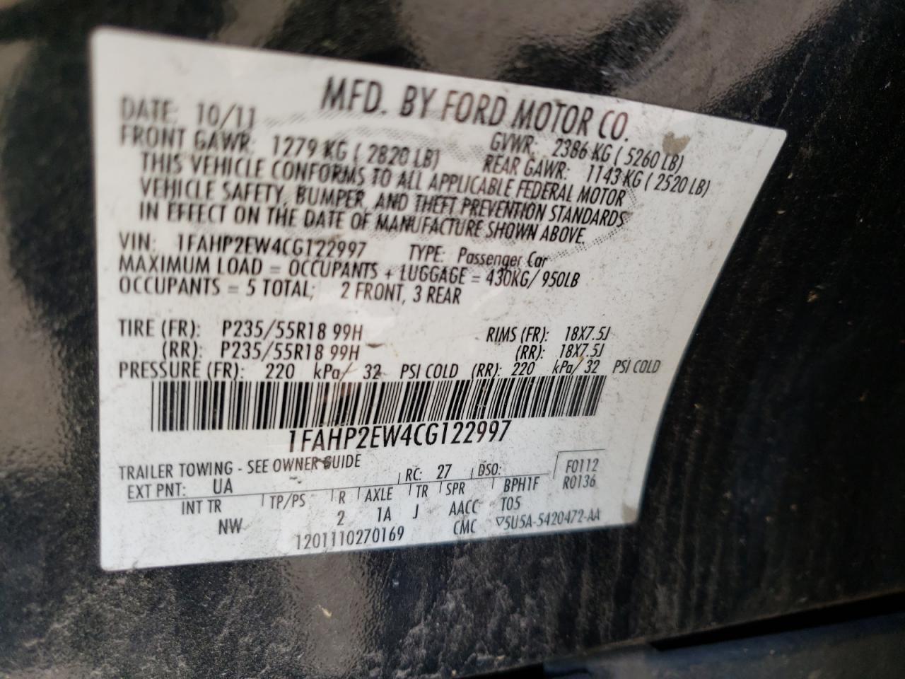 Photo 10 from auction – 2012 FORD TAURUS SEL with VIN 1FAHP2EW4CG122997