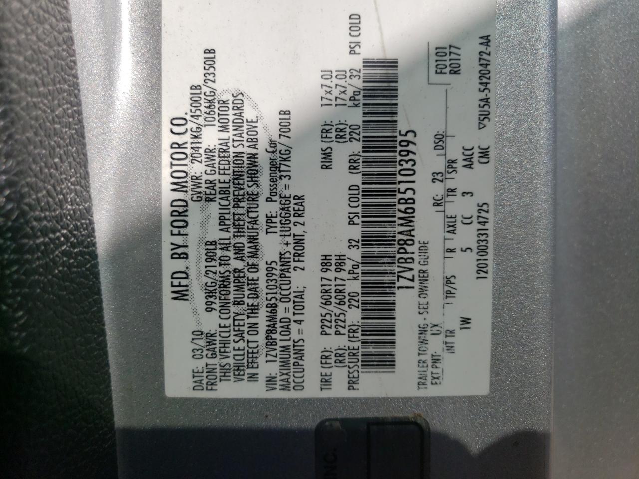 Photo 10 from auction – 2011 FORD MUSTANG with VIN 1ZVBP8AM6B5103995