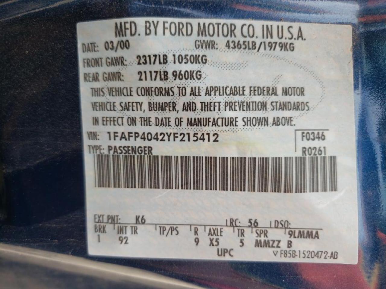 Photo 10 from auction – 2000 FORD MUSTANG with VIN 1FAFP4042YF215412