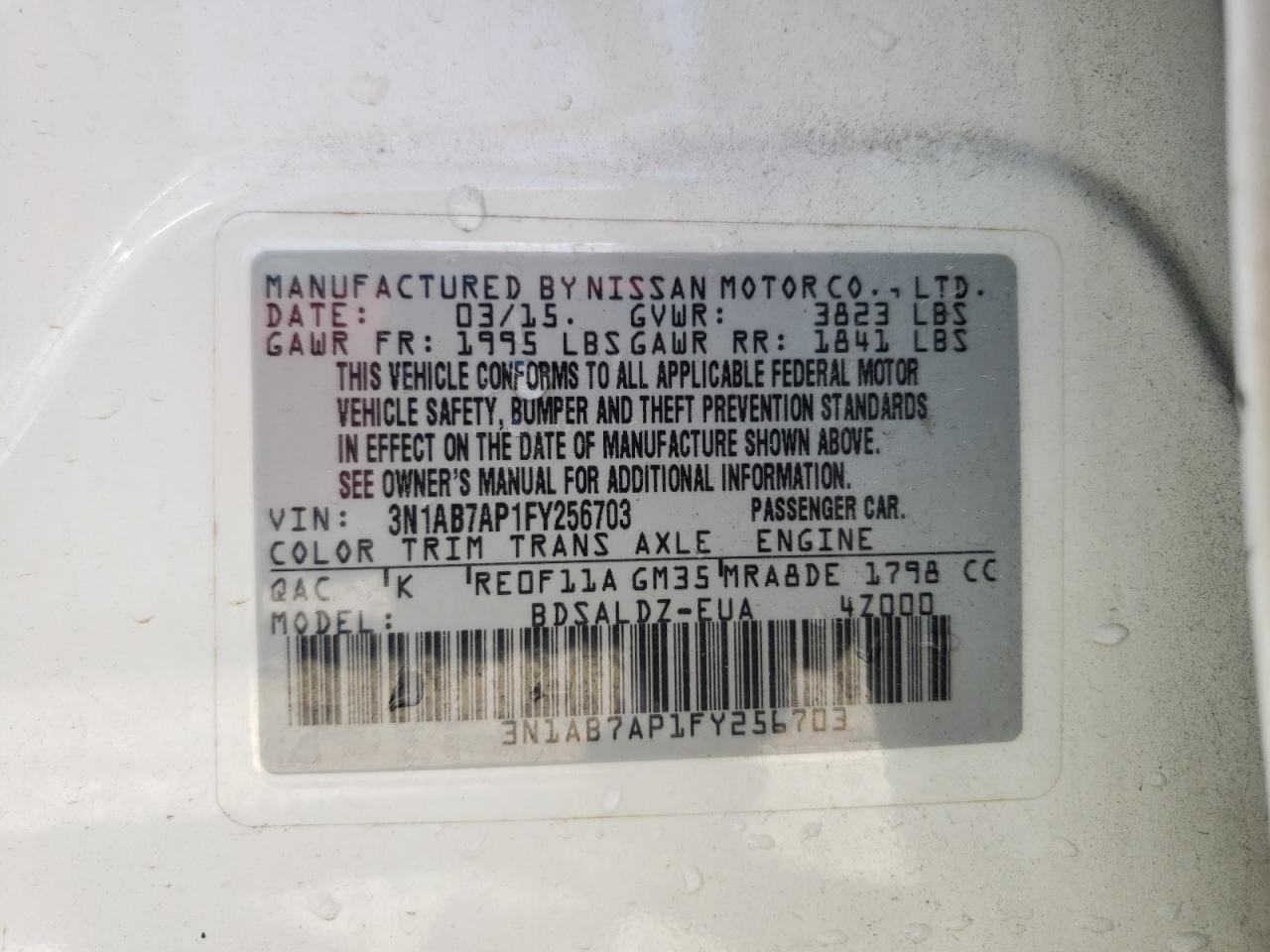 Photo 10 from auction – 2015 NISSAN SENTRA S with VIN 3N1AB7AP1FY256703