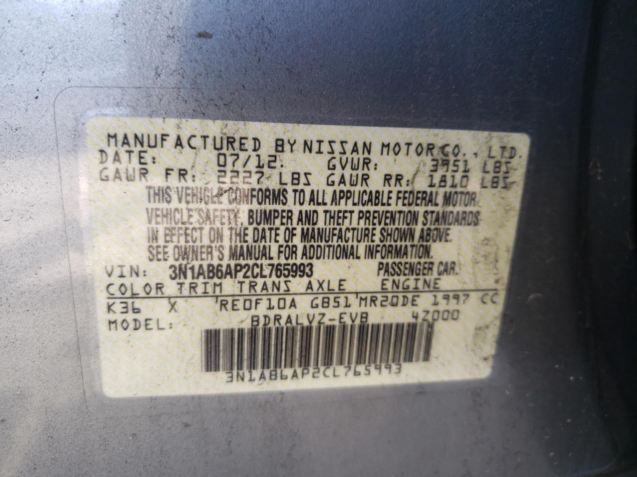 Photo 10 from auction – 2012 NISSAN SENTRA 2.0 with VIN 3N1AB6AP2CL765993