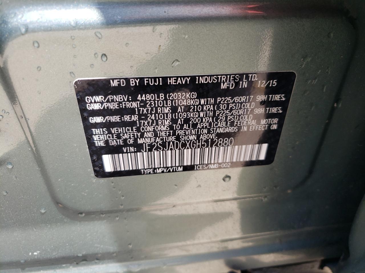 Photo 10 from auction – 2016 SUBARU FORESTER 2 with VIN JF2SJADCXGH512880