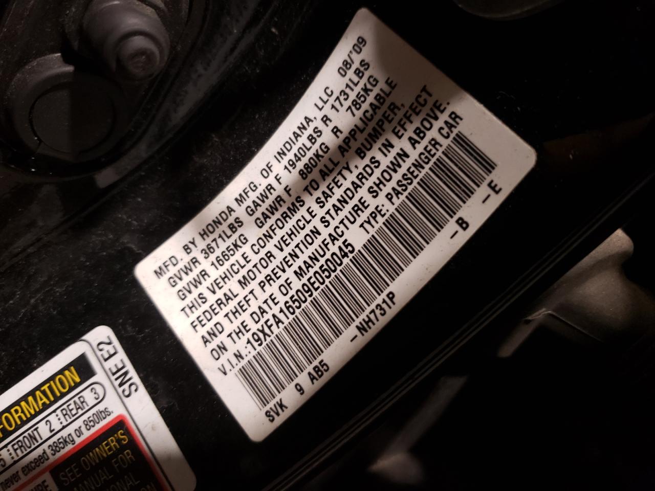 Photo 10 from auction – 2009 HONDA CIVIC LX with VIN 19XFA16509E050045