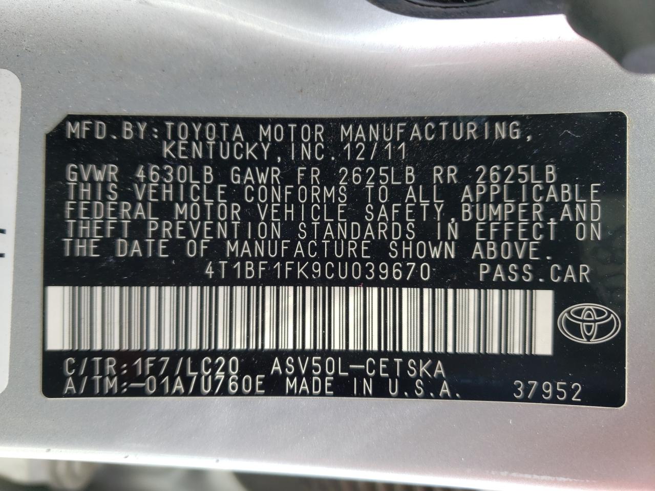Photo 10 from auction – 2012 TOYOTA CAMRY BASE with VIN 4T1BF1FK9CU039670