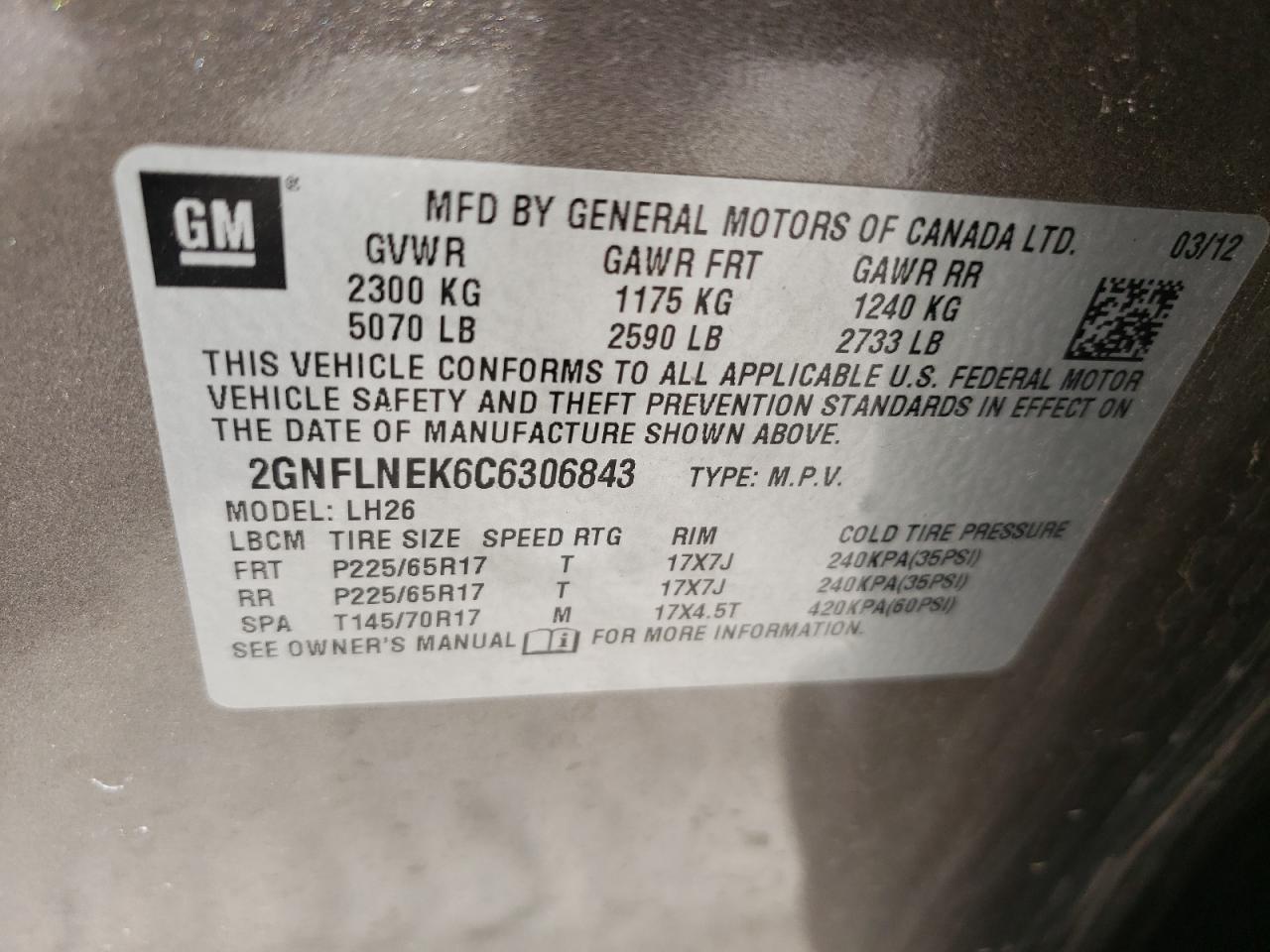 Photo 10 from auction – 2012 CHEVROLET EQUINOX LT with VIN 2GNFLNEK6C6306843