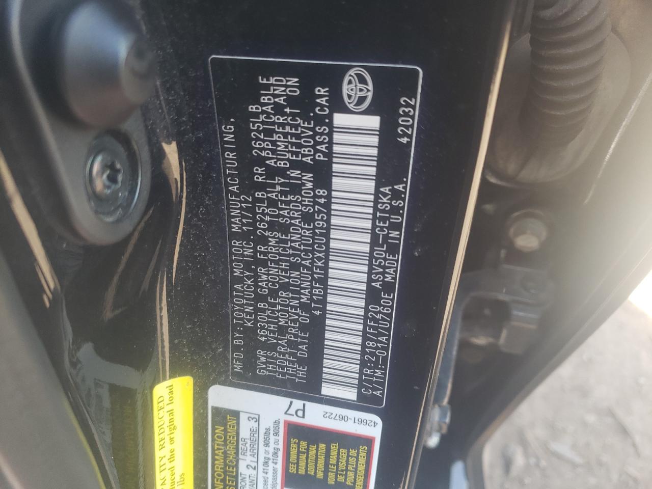 Photo 10 from auction – 2012 TOYOTA CAMRY BASE with VIN 4T1BF1FKXCU195748