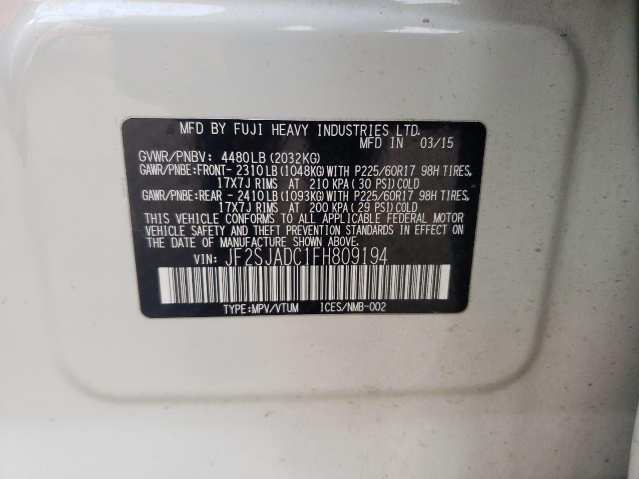 Photo 10 from auction – 2015 SUBARU FORESTER 2 with VIN JF2SJADC1FH809194