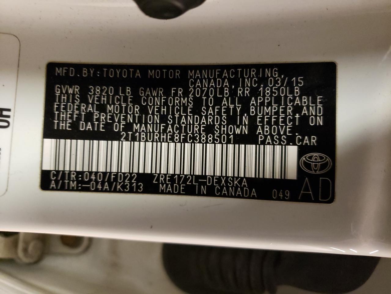 Photo 10 from auction – 2015 TOYOTA COROLLA L with VIN 2T1BURHE8FC388501