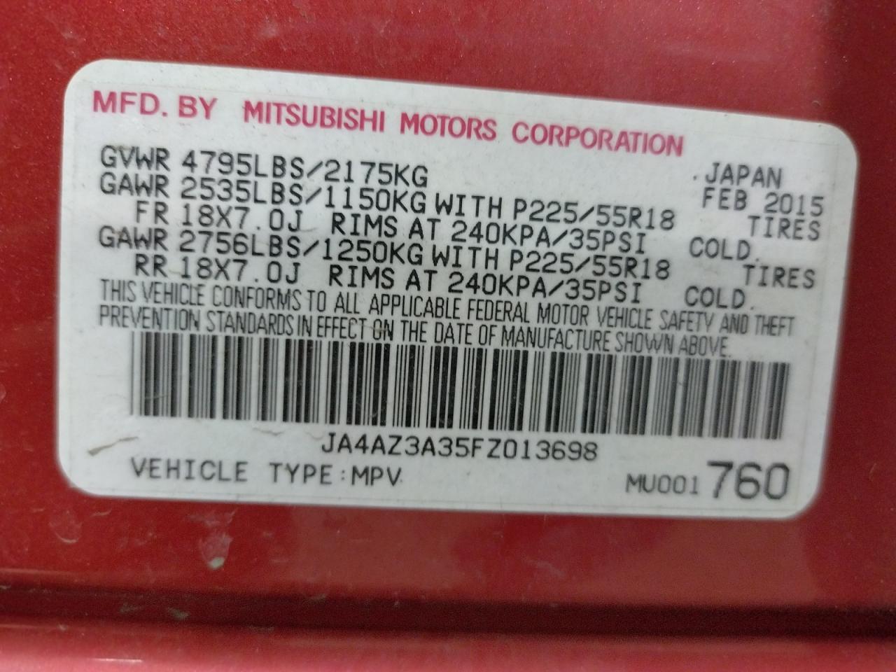 Photo 10 from auction – 2015 MITSUBISHI OUTLANDER with VIN JA4AZ3A35FZ013698