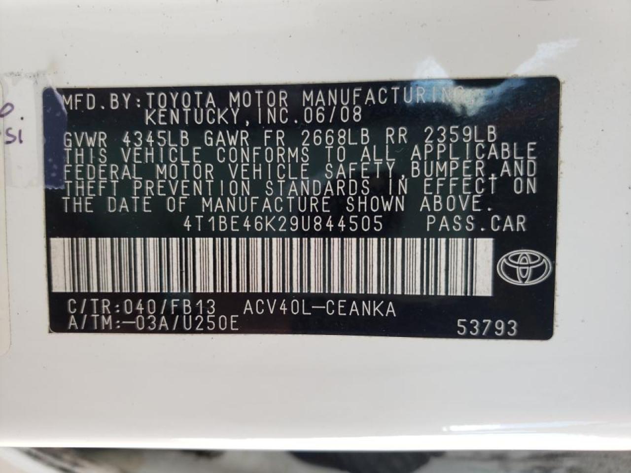 Photo 10 from auction – 2009 TOYOTA CAMRY BASE with VIN 4T1BE46K29U844505