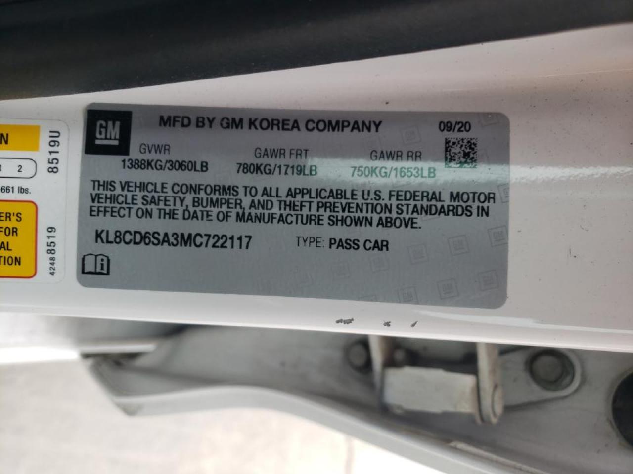 Photo 10 from auction – 2021 CHEVROLET SPARK 1LT with VIN KL8CD6SA3MC722117