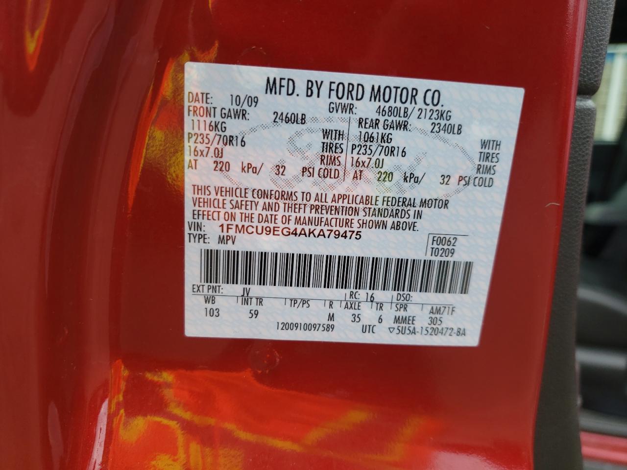 Photo 10 from auction – 2010 FORD ESCAPE LIM with VIN 1FMCU9EG4AKA79475