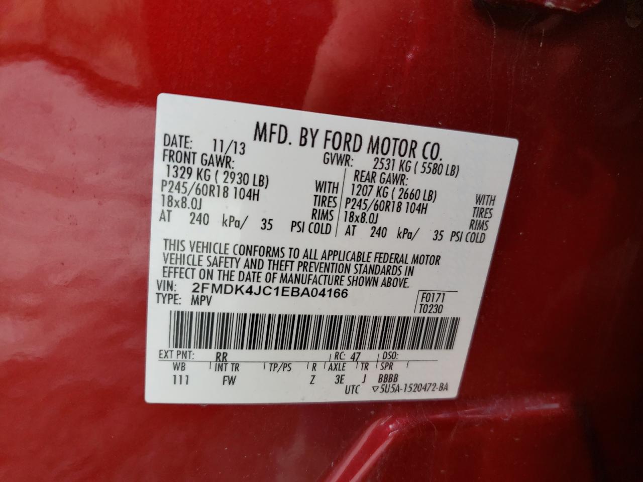 Photo 10 from auction – 2014 FORD EDGE SEL with VIN 2FMDK4JC1EBA04166