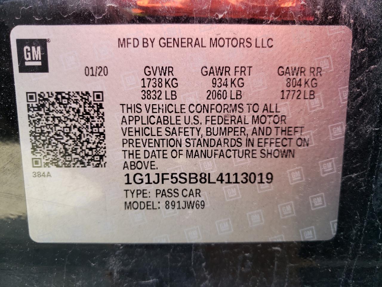 Photo 10 from auction – 2020 CHEVROLET SONIC PREM with VIN 1G1JF5SB8L4113019