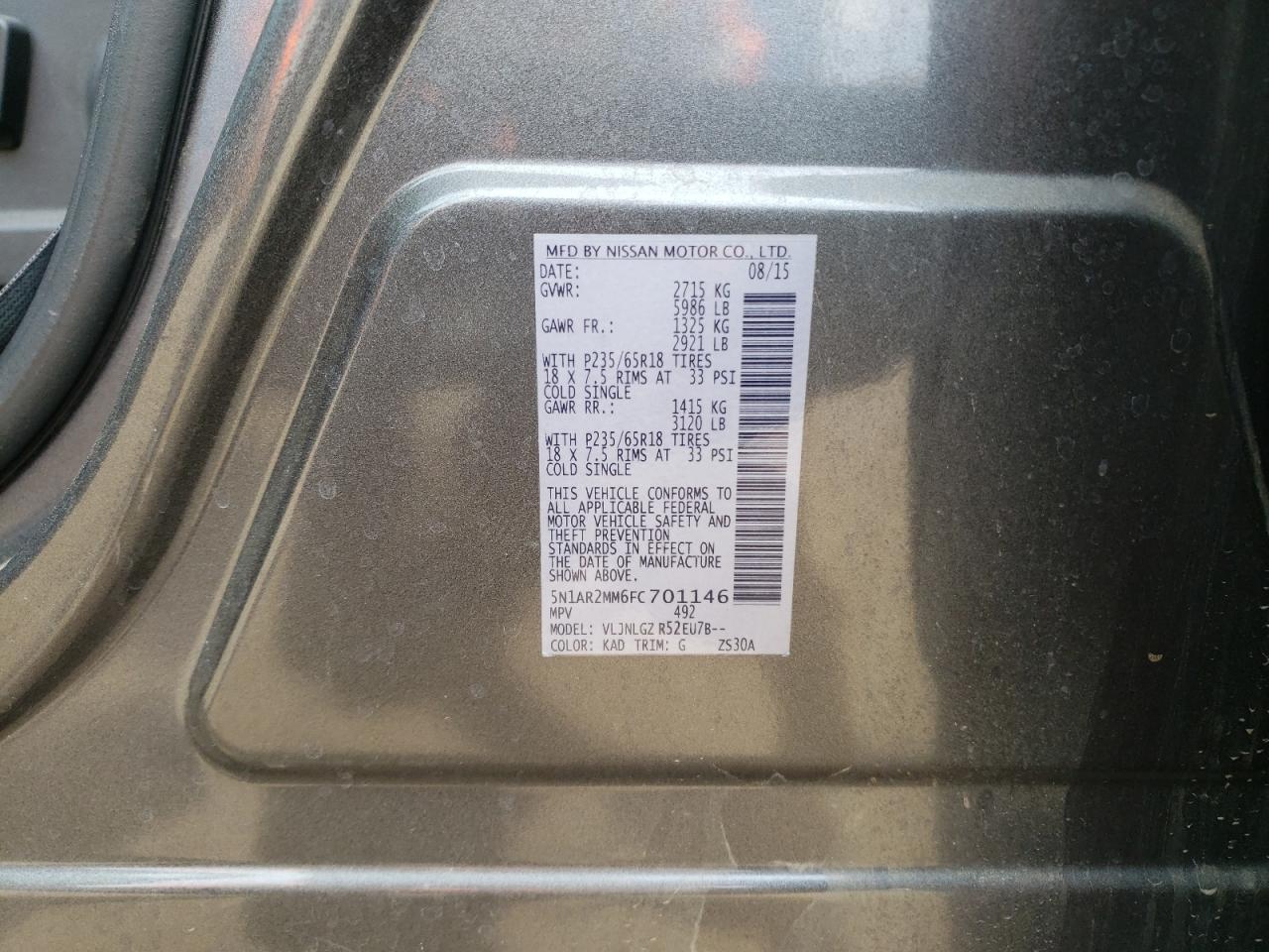 Photo 10 from auction – 2015 NISSAN PATHFINDER with VIN 5N1AR2MM6FC701146