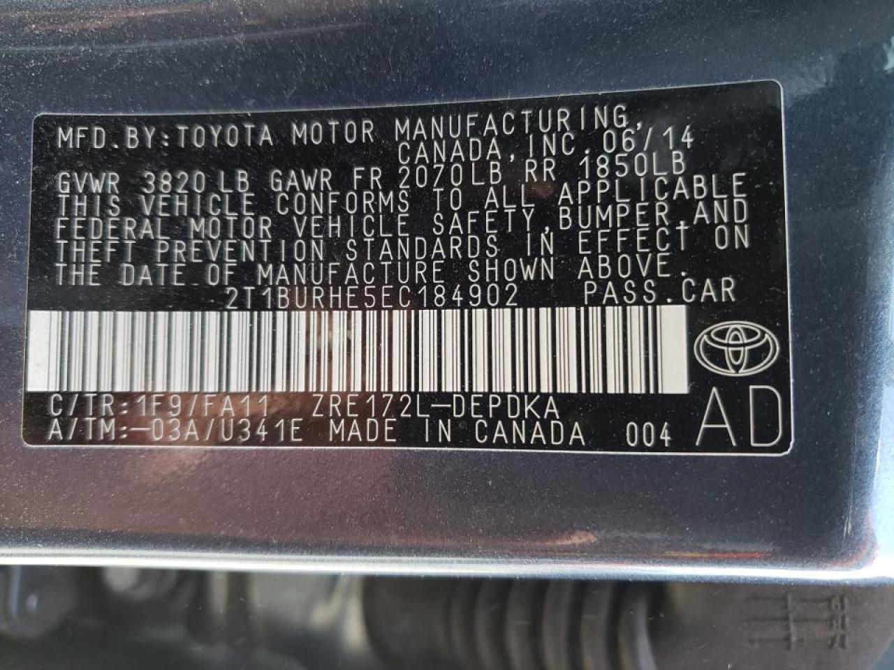 Photo 10 from auction – 2014 TOYOTA COROLLA L with VIN 2T1BURHE5EC184902