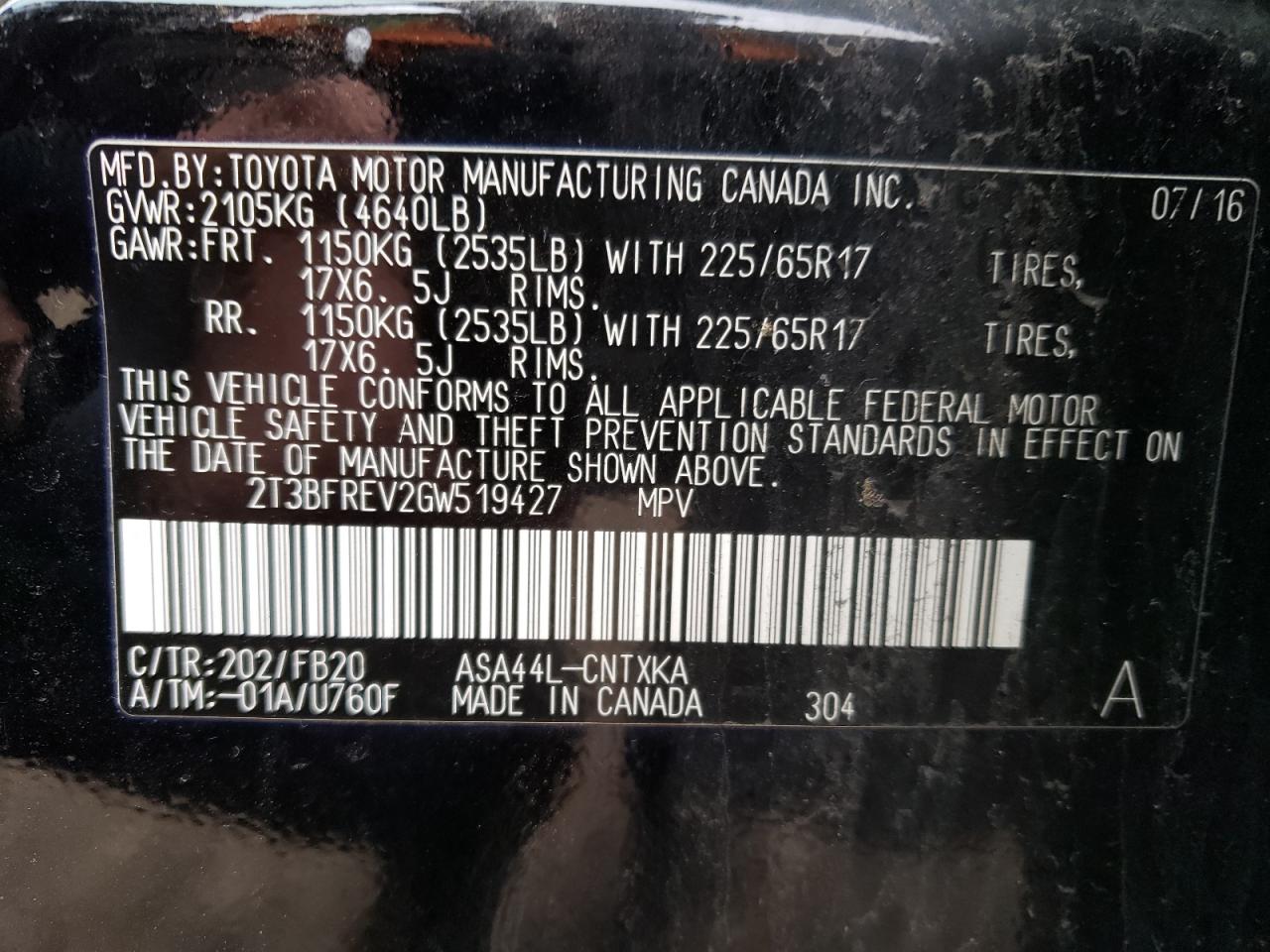 Photo 10 from auction – 2016 TOYOTA RAV4 LE with VIN 2T3BFREV2GW519427