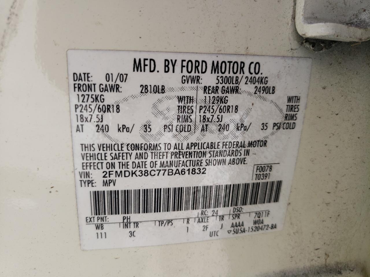 Photo 10 from auction – 2007 FORD EDGE SEL with VIN 2FMDK38C77BA61832