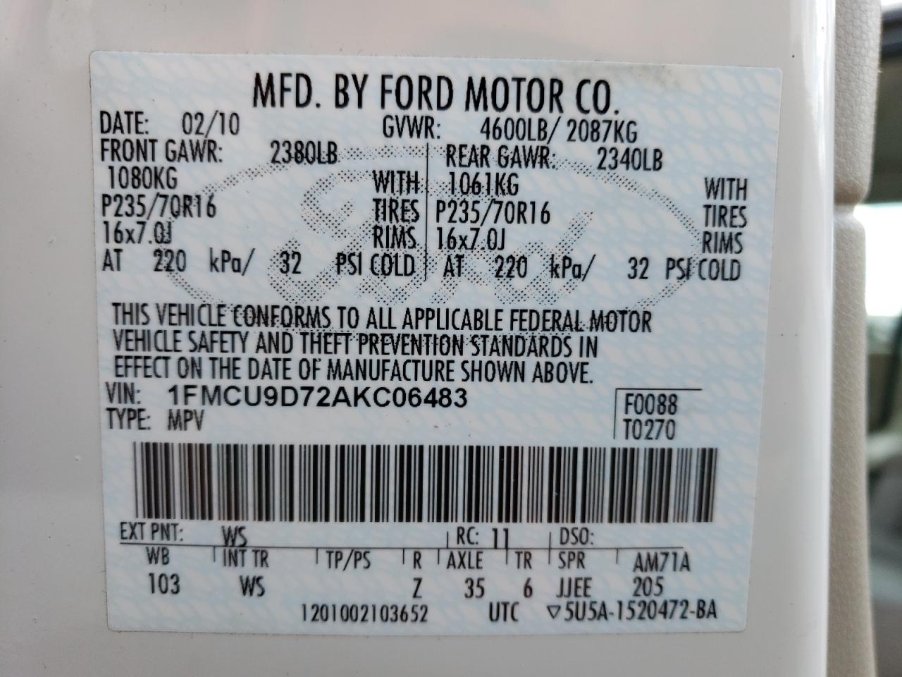 Photo 10 from auction – 2010 FORD ESCAPE XLT with VIN 1FMCU9D72AKC06483