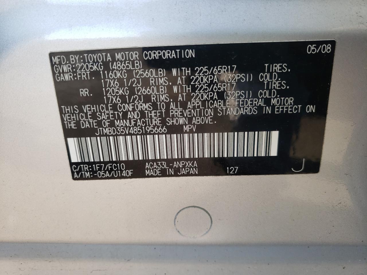 Photo 10 from auction – 2008 TOYOTA RAV4 with VIN JTMBD35V485195666