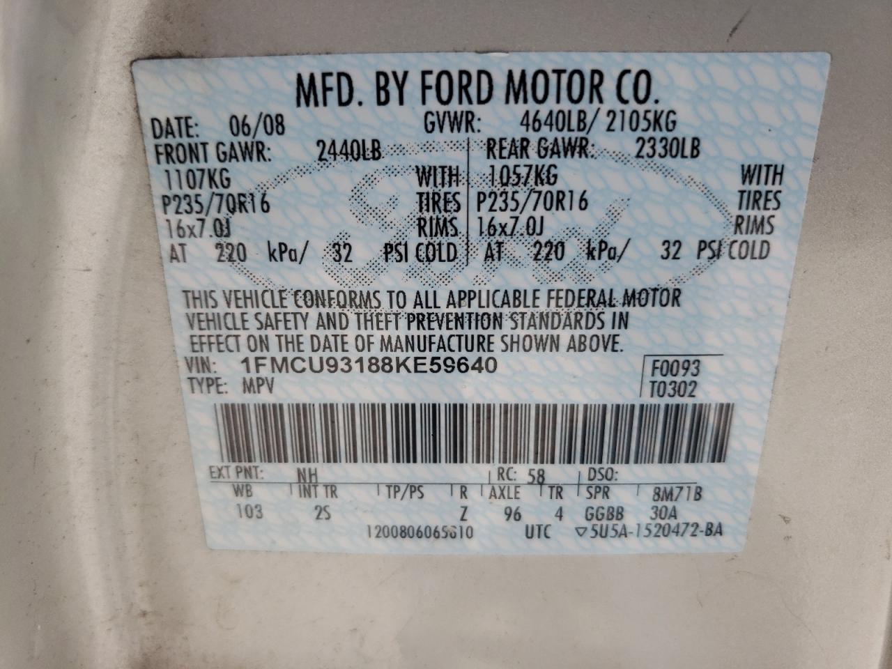 Photo 10 from auction – 2008 FORD ESCAPE XLT with VIN 1FMCU93188KE59640