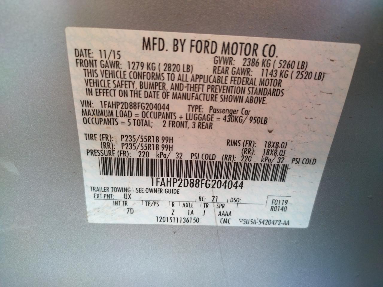 Photo 10 from auction – 2015 FORD TAURUS SE with VIN 1FAHP2D88FG204044