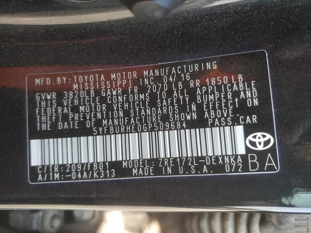 Photo 20 from auction – 2016 TOYOTA COROLLA L with VIN 5YFBURHE0GP509684