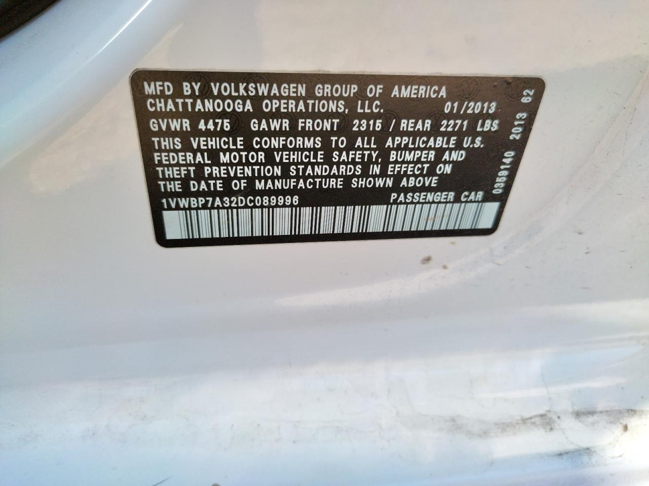 Photo 10 from auction – 2013 VOLKSWAGEN PASSAT SE with VIN 1VWBP7A32DC089996