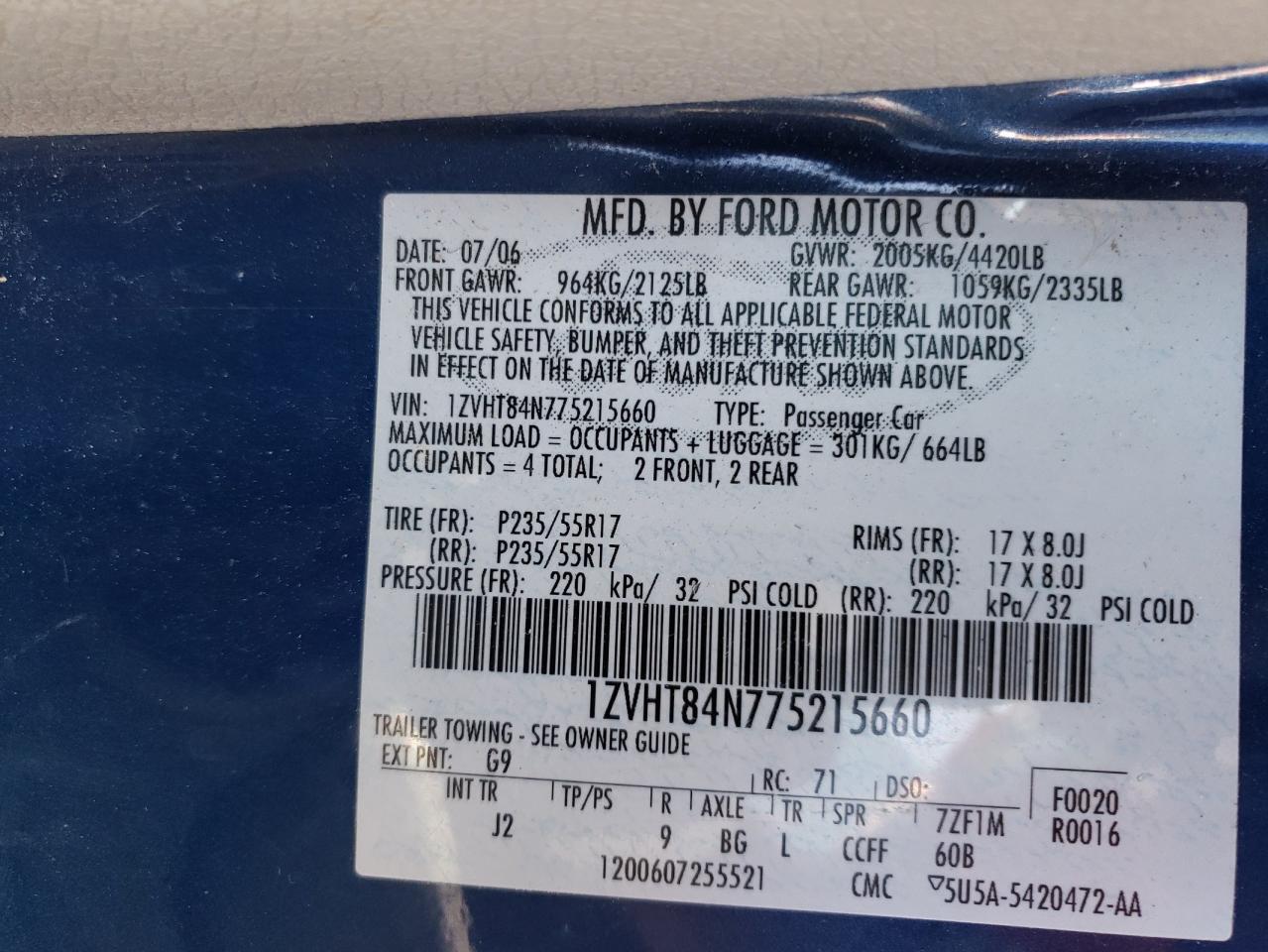 Photo 10 from auction – 2007 FORD MUSTANG with VIN 1ZVHT84N775215660