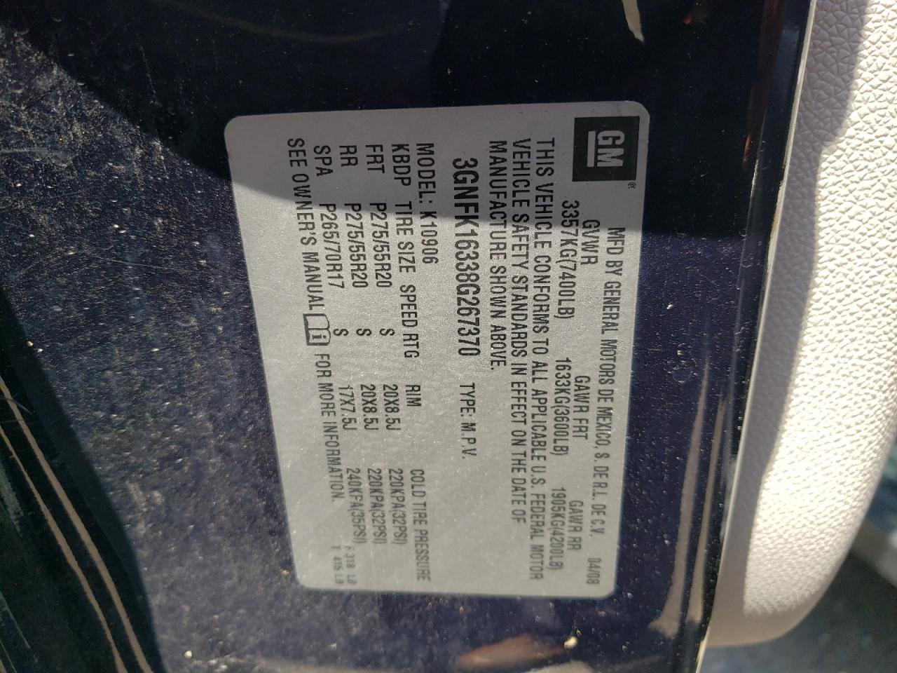 Photo 10 from auction – 2008 CHEVROLET SUBURBAN K with VIN 3GNFK16338G267370