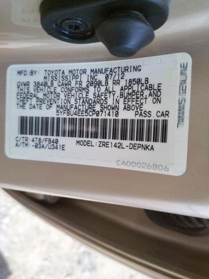 Photo 10 from auction – 2012 TOYOTA COROLLA BA with VIN 5YFBU4EE5CP071410