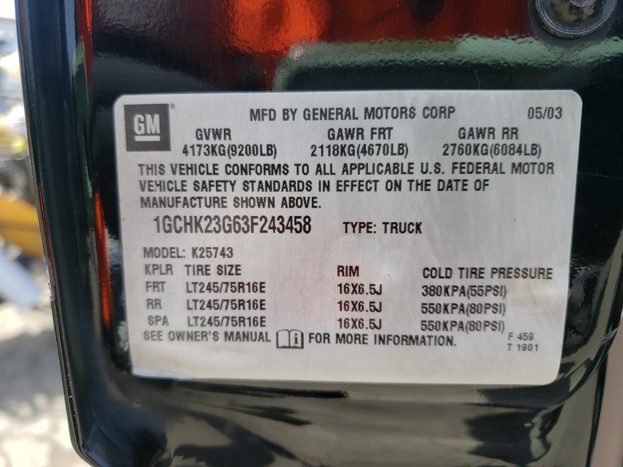 Photo 10 from auction – 2003 CHEVROLET SILVERADO with VIN 1GCHK23G63F243458