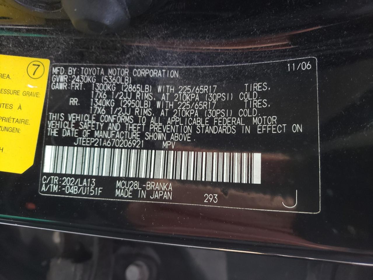 Photo 10 from auction – 2007 TOYOTA HIGHLANDER with VIN JTEEP21A670206921