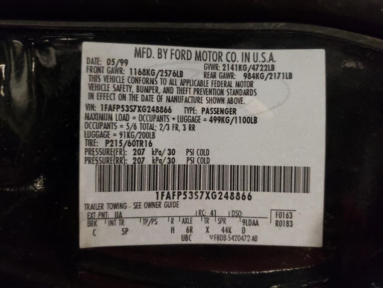 Photo 10 from auction – 1999 FORD TAURUS SE with VIN 1FAFP53S7XG248866