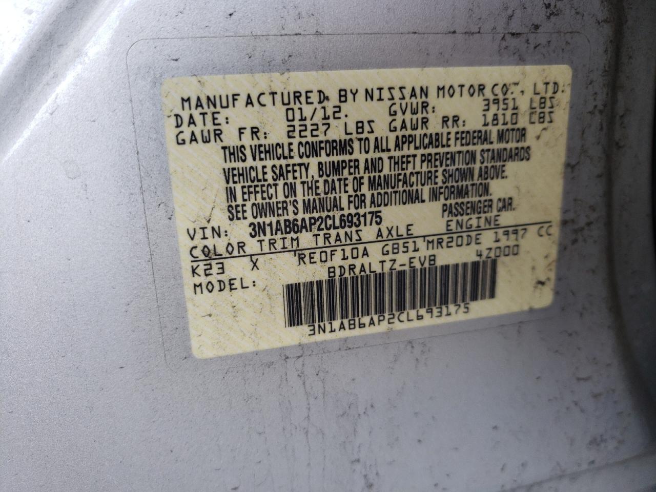 Photo 10 from auction – 2012 NISSAN SENTRA 2.0 with VIN 3N1AB6AP2CL693175