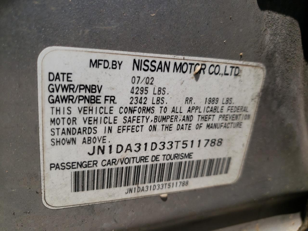 Photo 10 from auction – 2003 NISSAN MAXIMA GLE with VIN JN1DA31D33T511788