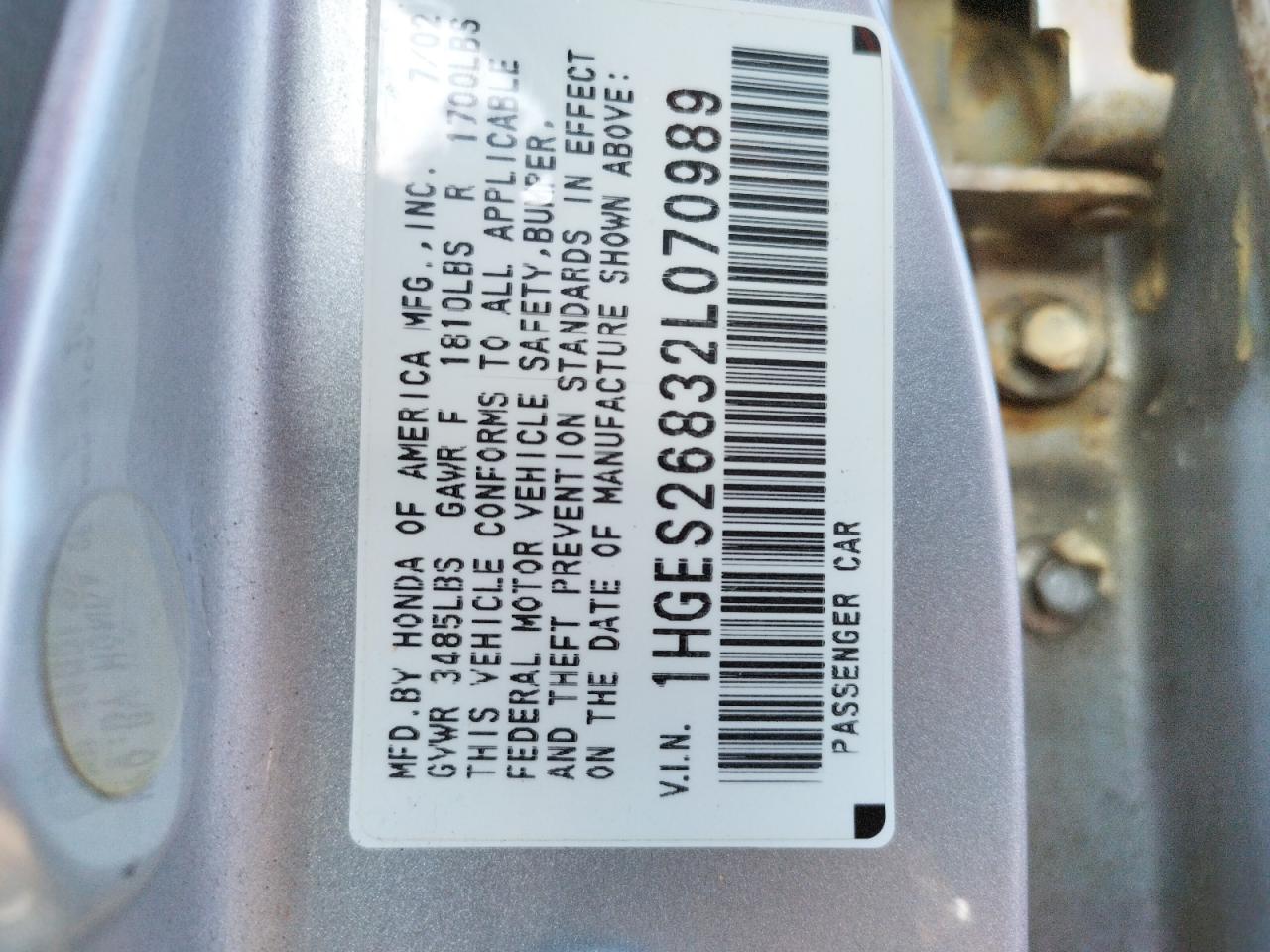 Photo 10 from auction – 2002 HONDA CIVIC EX with VIN 1HGES26832L070989