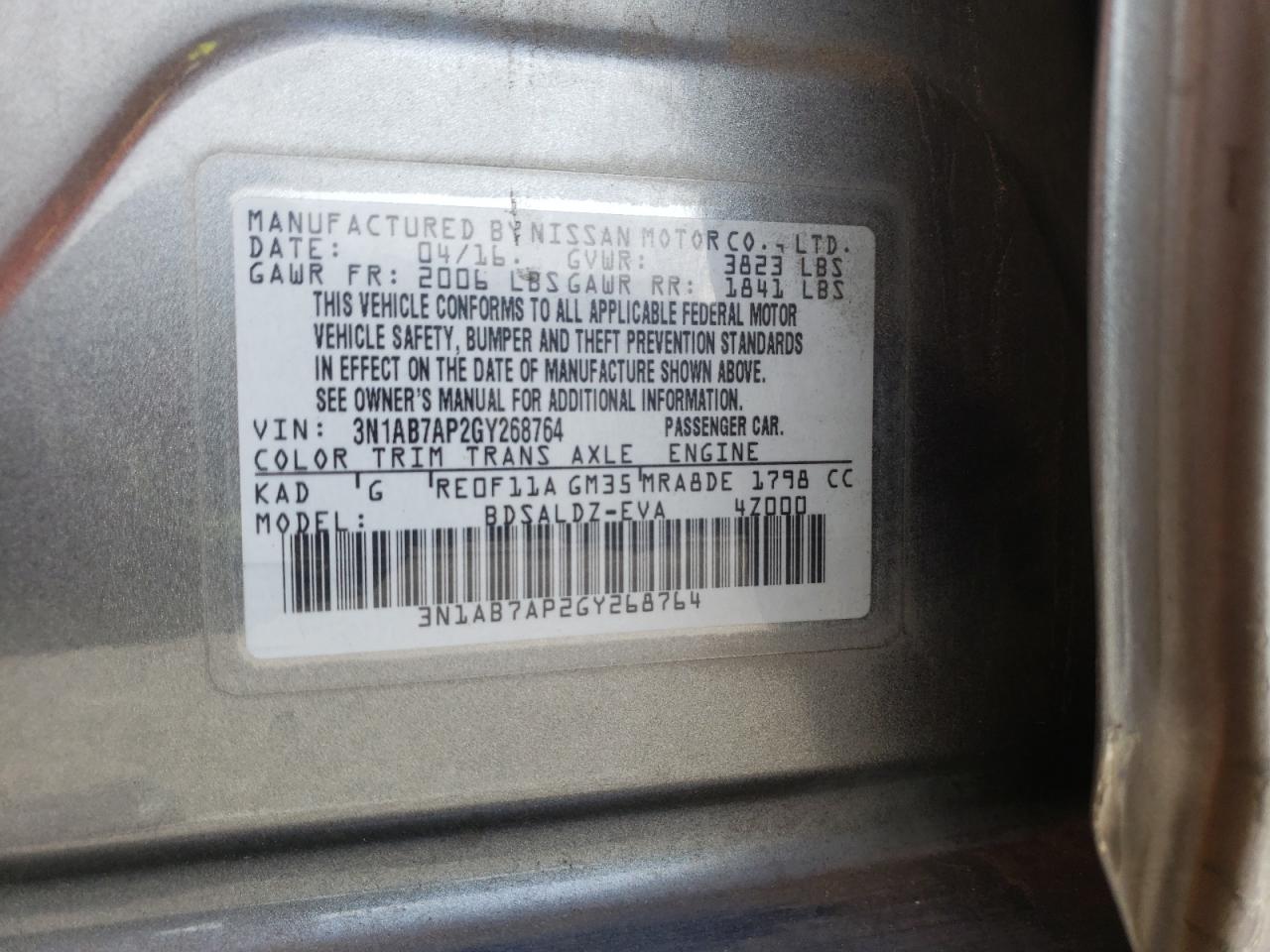 Photo 10 from auction – 2016 NISSAN SENTRA S with VIN 3N1AB7AP2GY268764