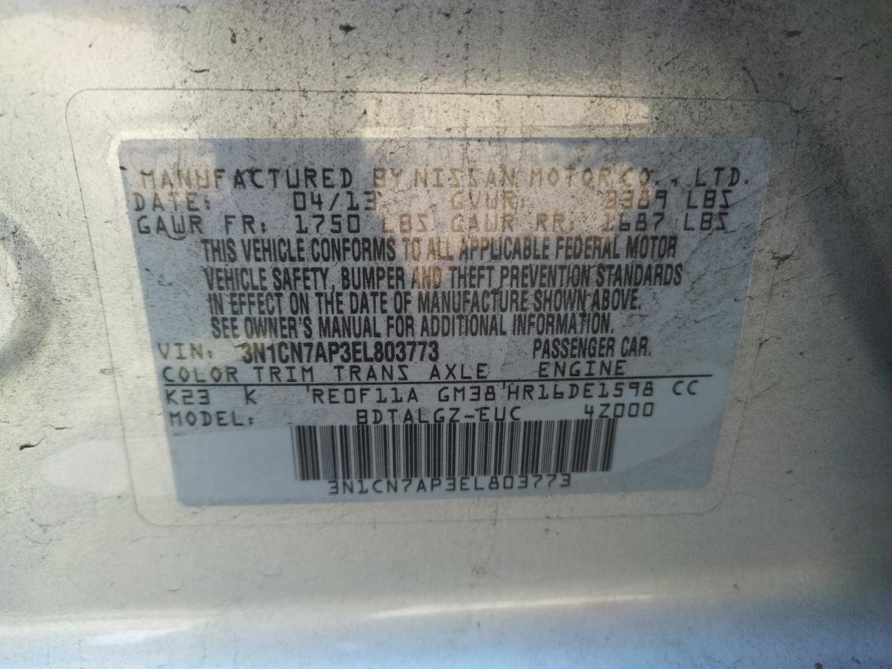 Photo 10 from auction – 2014 NISSAN VERSA with VIN 3N1CN7AP3EL803773