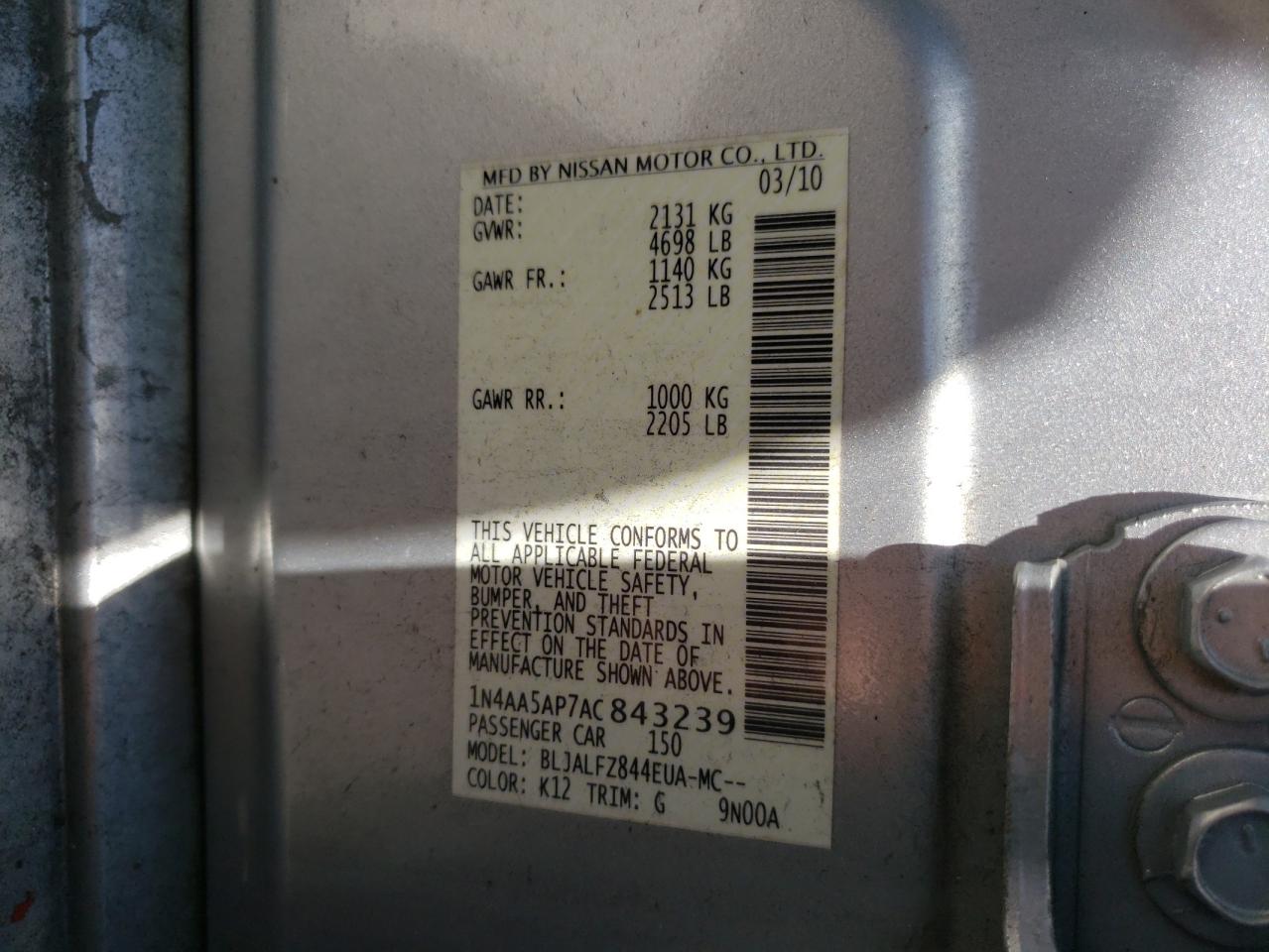 Photo 11 from auction – 2010 NISSAN MAXIMA S with VIN 1N4AA5AP7AC843239