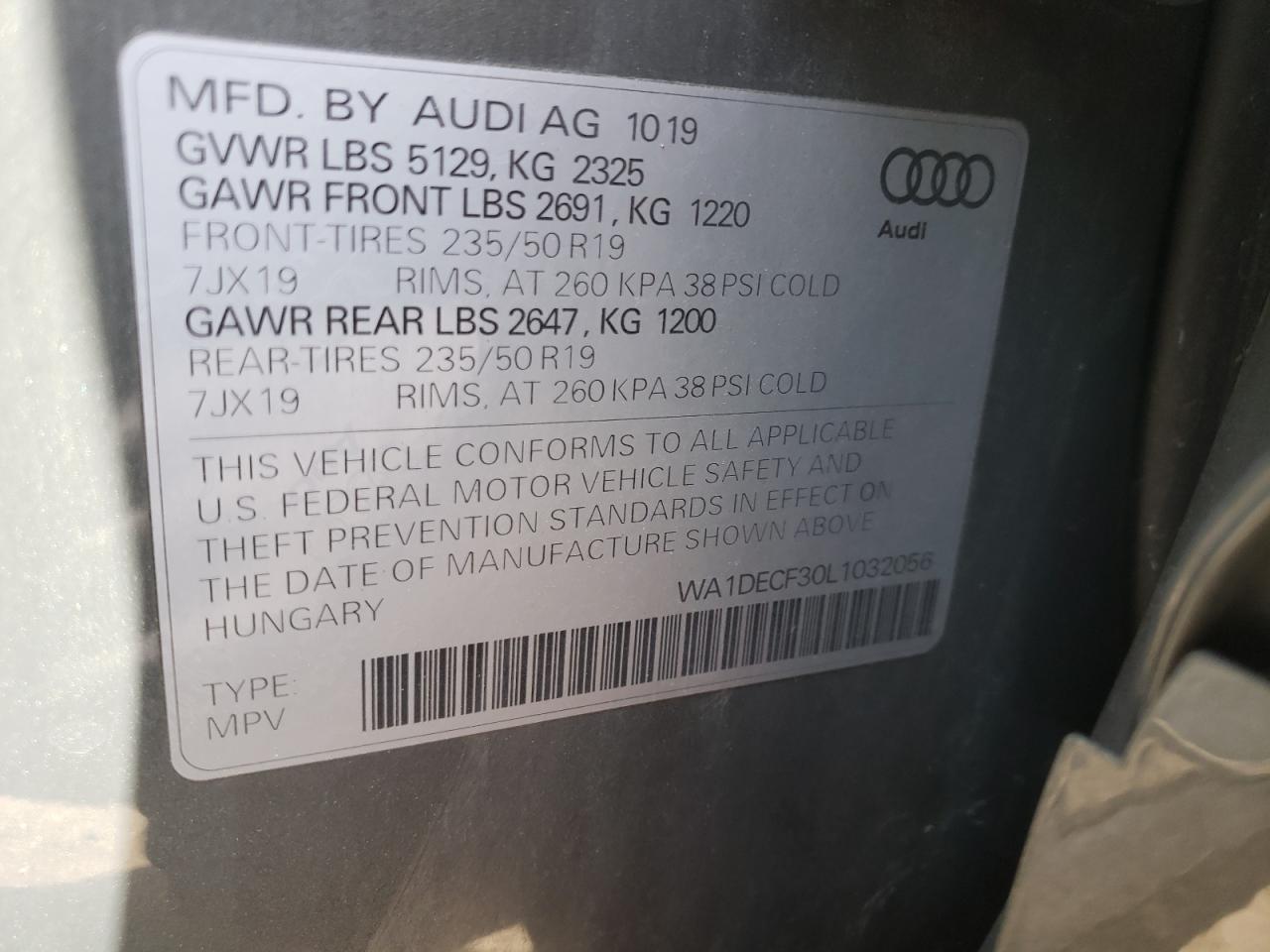 Photo 10 from auction – 2020 AUDI Q3 PREMIUM with VIN WA1DECF30L1032056