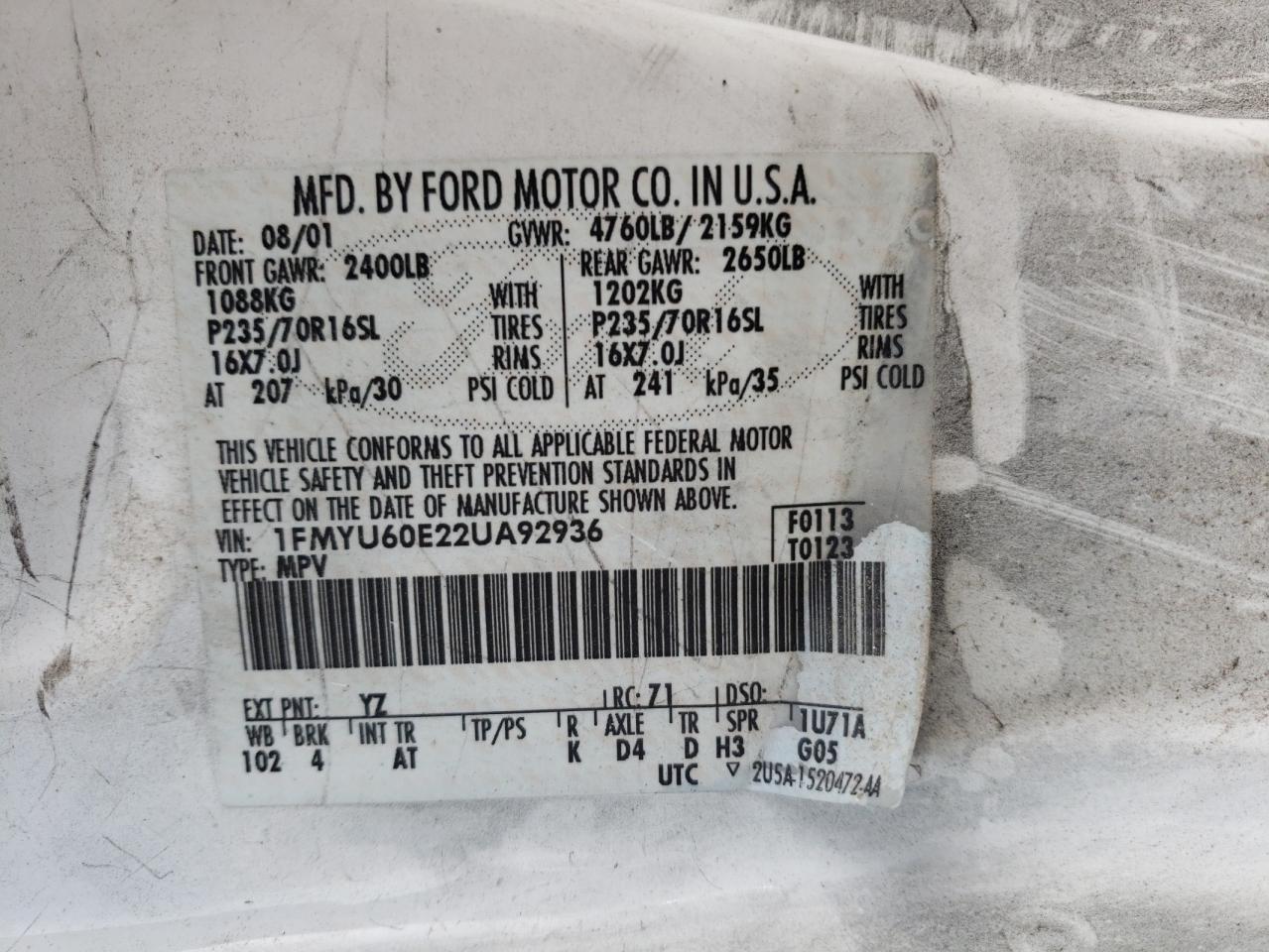 Foto 10 de la subasta – 2002 FORD EXPLORER S con VIN 1FMYU60E22UA92936