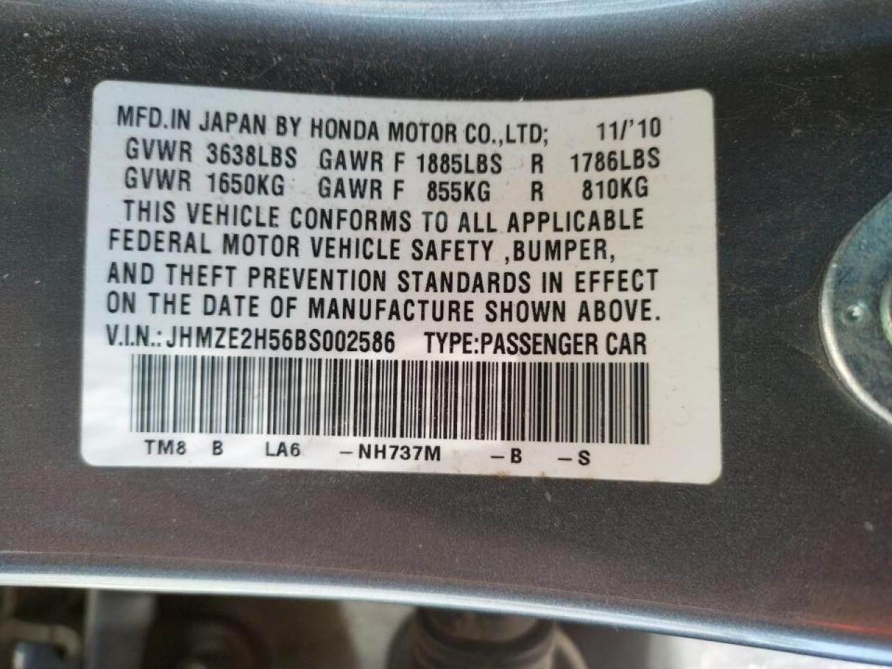 Photo 10 from auction – 2011 HONDA INSIGHT LX with VIN JHMZE2H56BS002586
