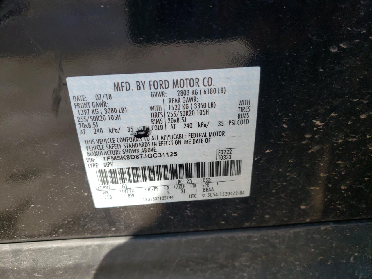 Photo 10 from auction – 2018 FORD EXPLORER X with VIN 1FM5K8D87JGC31125