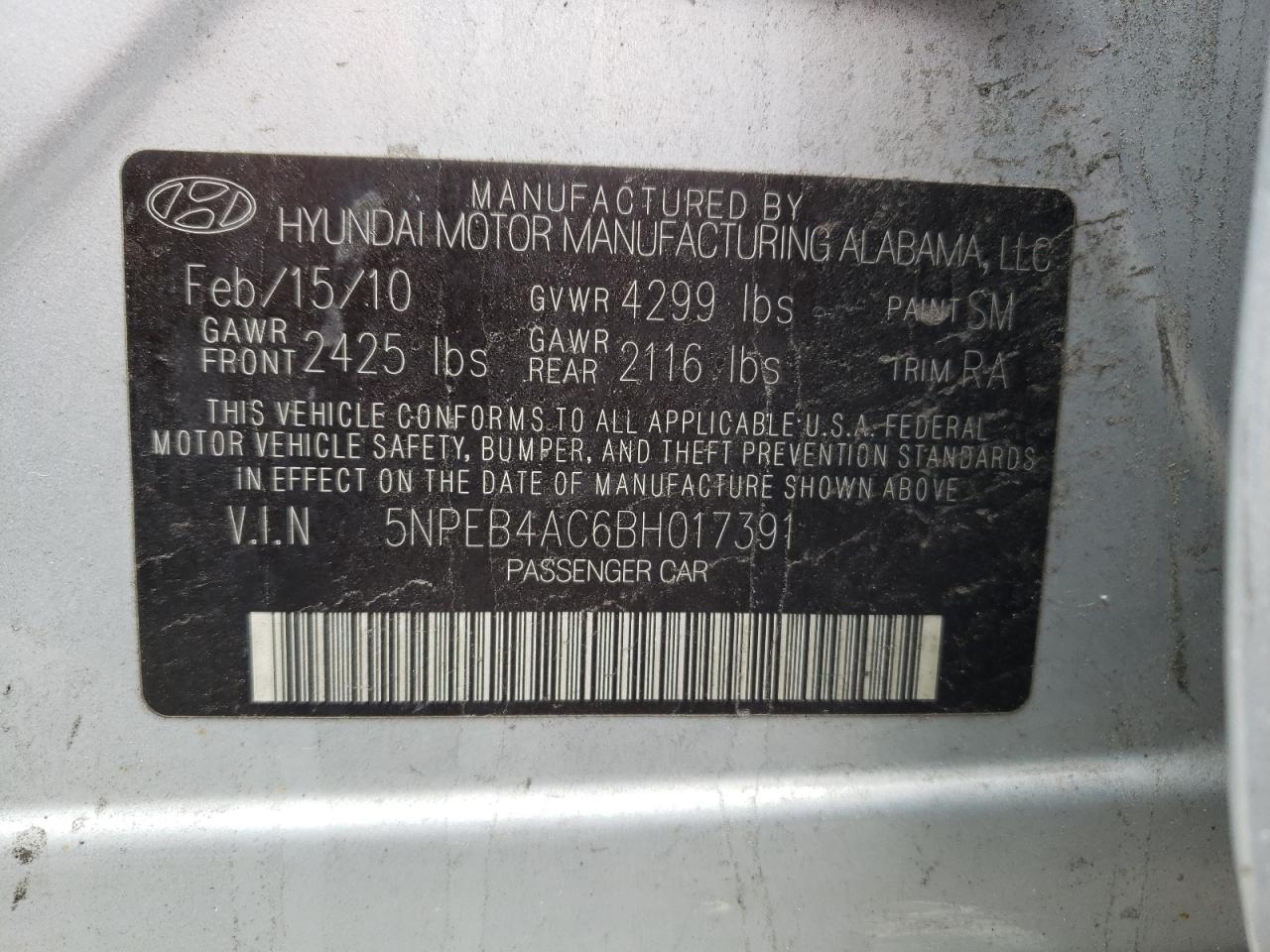 Photo 10 from auction – 2011 HYUNDAI SONATA GLS with VIN 5NPEB4AC6BH017391