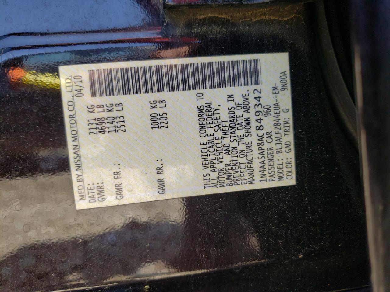 Photo 10 from auction – 2010 NISSAN MAXIMA S with VIN 1N4AA5AP8AC849342
