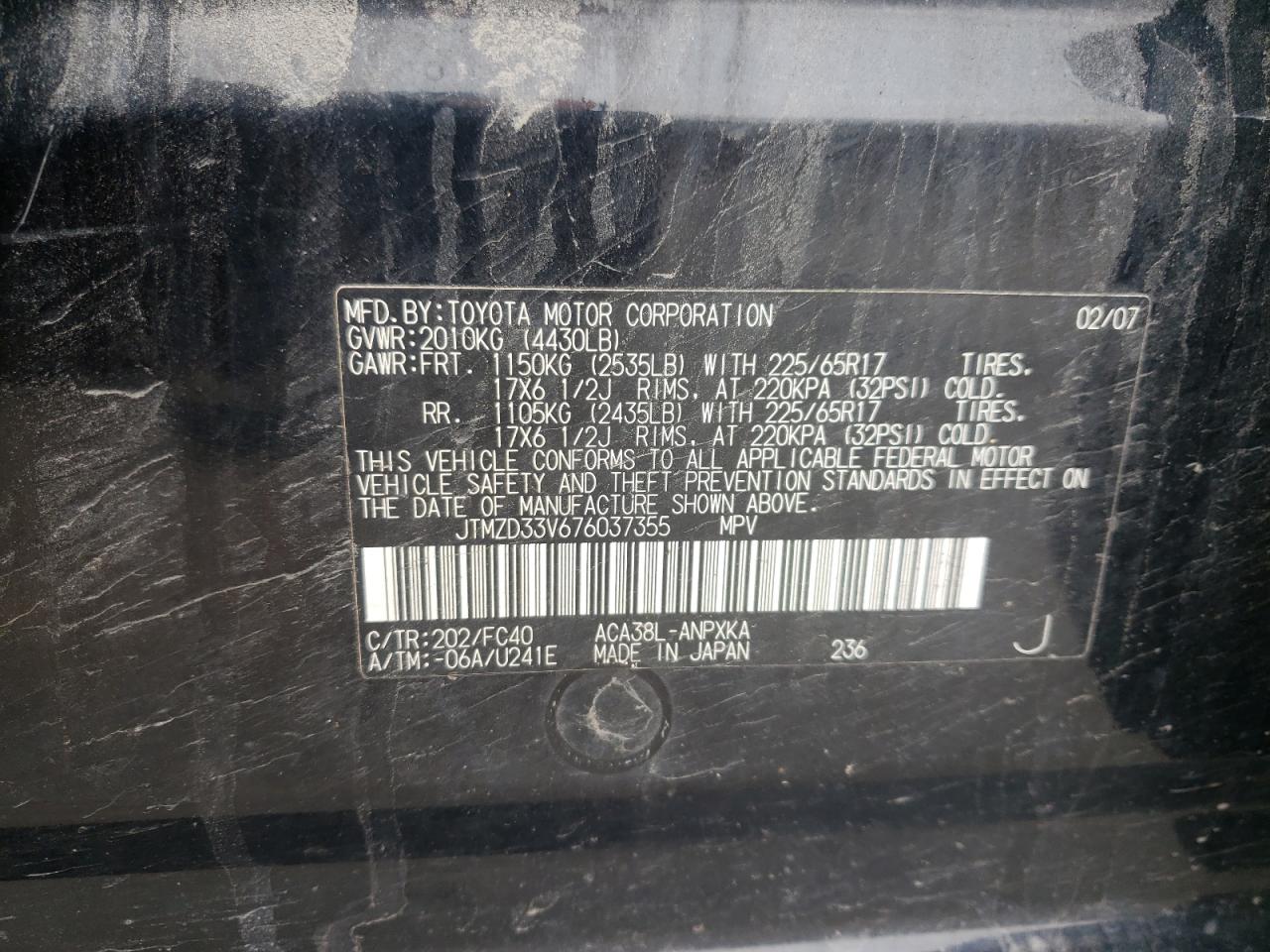 Zdjęcie 10 z aukcji – 2007 TOYOTA RAV4 z VIN JTMZD33V676037355