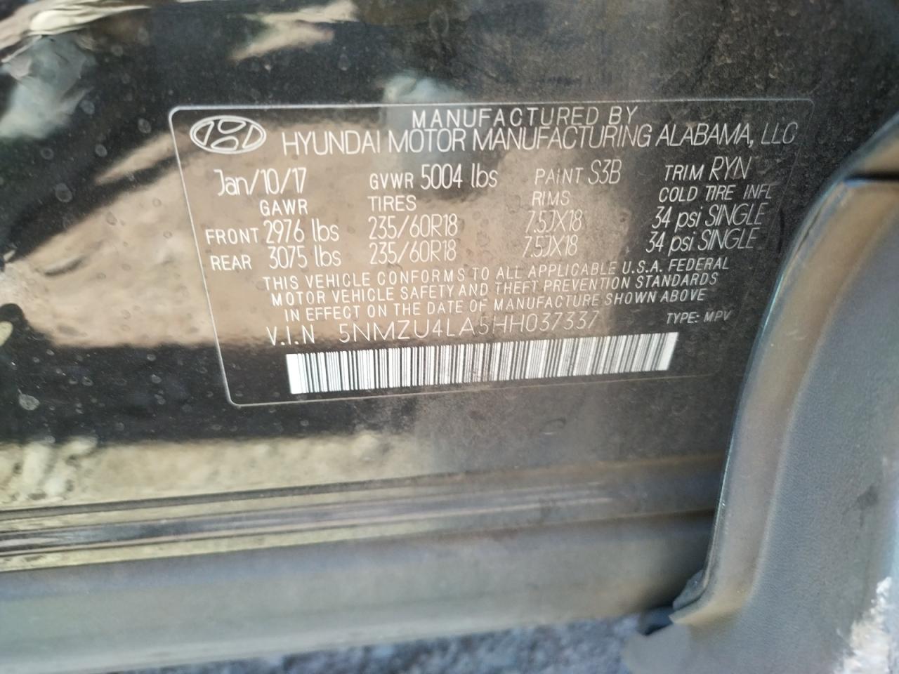 Photo 10 from auction – 2017 HYUNDAI SANTA FE S with VIN 5NMZU4LA5HH037337